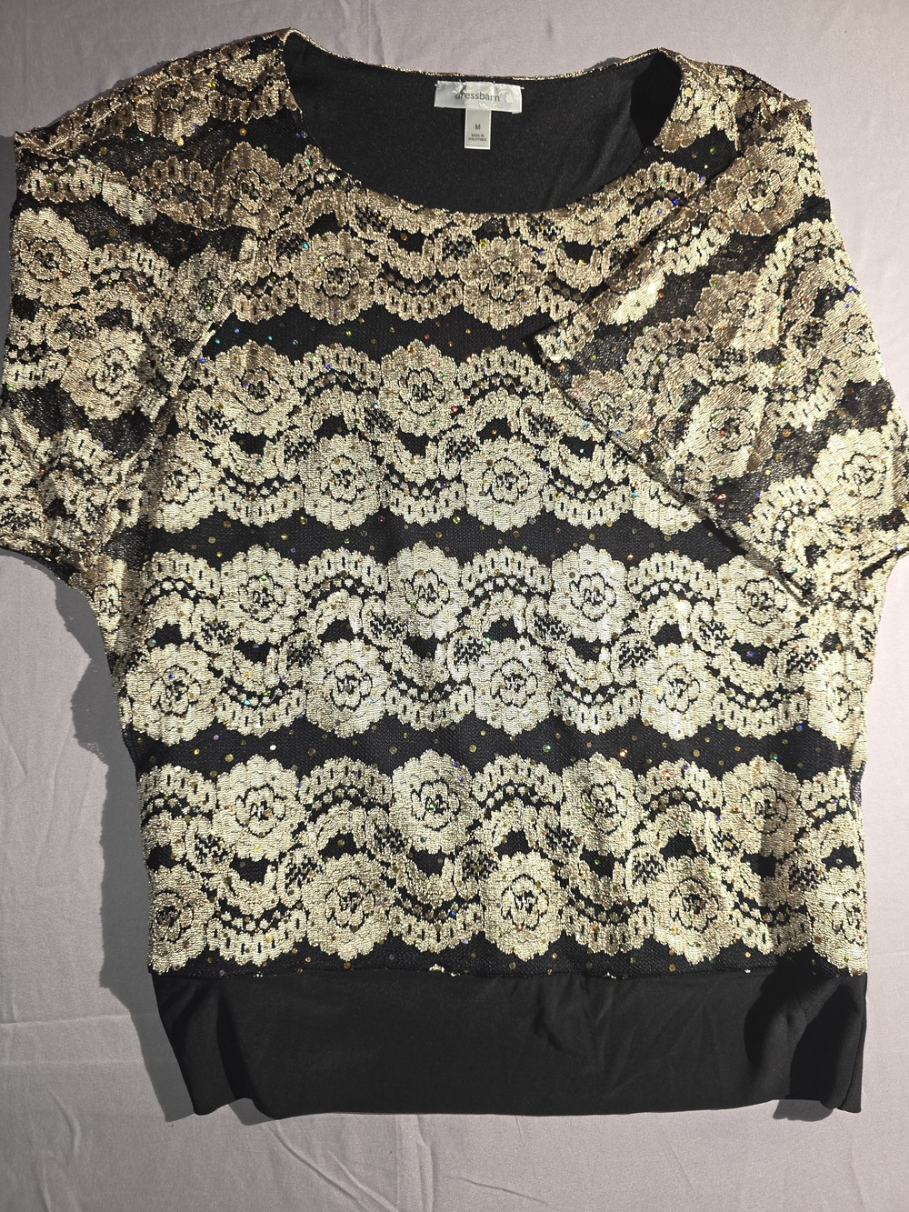 Dress Barn Black and Gold Lace Sequin Short Sleeve Top